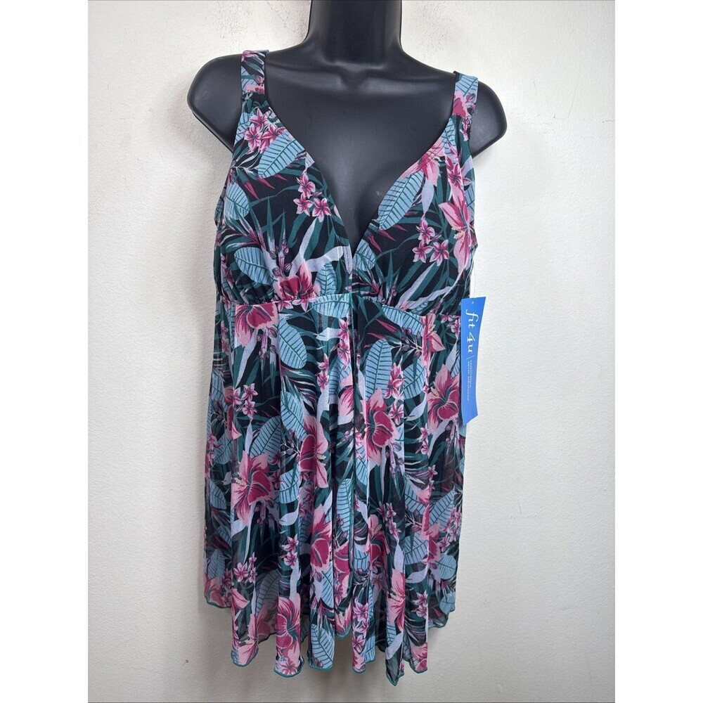 (L1) Fit 4 U Swimwear Mesh Flyaway Floral over Black 1-piece Sizes 22W,18w